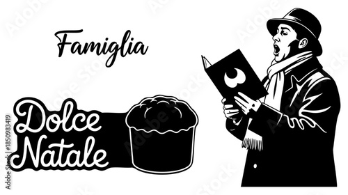 Italian christmas family celebration with panettone and caroler silhouette design isolated on transparent background, Vector