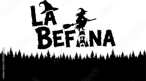La befana black silhouette graphic with witch flying over a forest landscape isolated on transparent background, Vector
