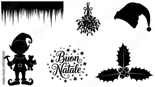 Festive christmas silhouettes vector set with elf, mistletoe, holly, icicles, and santa hat silhouette isolated on transparent background, Vector
