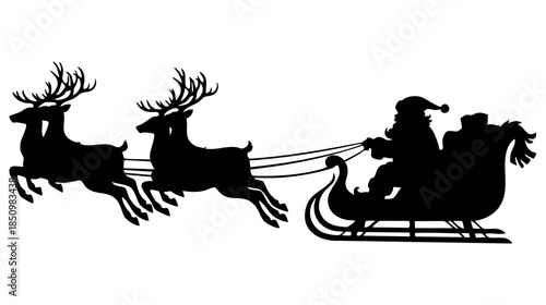 Santa claus in his sleigh pulled by two reindeer silhouette vector illustration isolated on transparent background, Vector