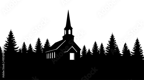 A striking silhouette of a rustic church building nestled among pine trees isolated on transparent background, Vector