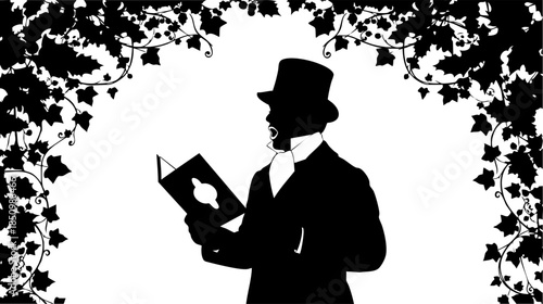 A silhouette of a gentleman singing a carol from a book, framed by a festive holly border isolated on transparent background, Vector