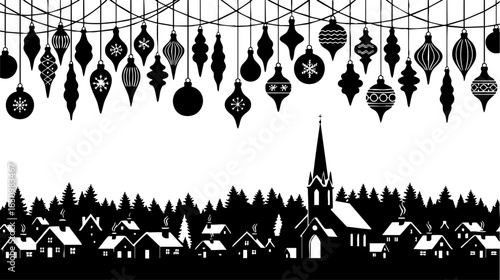 A black and white winter holiday silhouette featuring a village and festive hanging ornaments isolated on transparent background, Vector