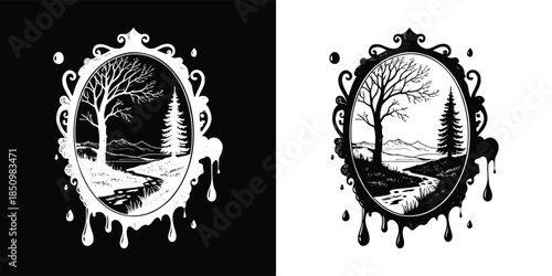 Ornate frame with a winter landscape isolated on white background, a vintageinspired scene evoking nostalgia and tranquility, perfect for artistic projects