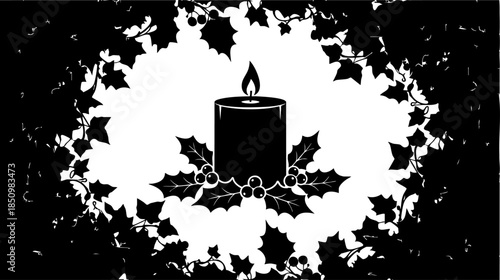 A festive silhouette of a christmas candle surrounded by holly leaves and berries on a white background isolated on transparent background, Vector