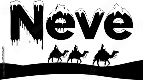 Stylized black and white illustration of 'neve' text with camels traveling through the desert isolated on transparent background, Vector