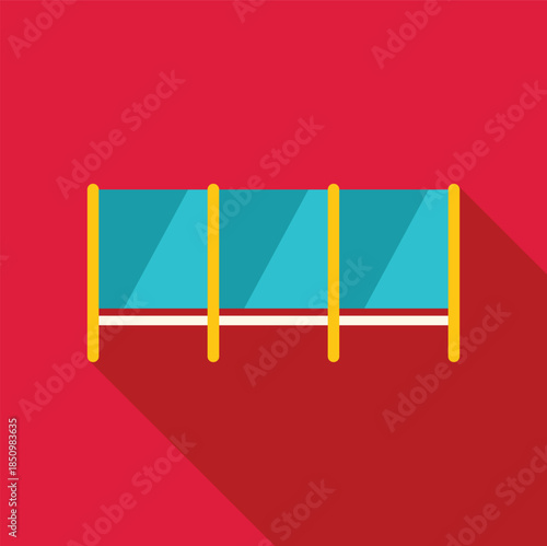 Interior design featuring a glass partition wall, creating separate spaces within a room, with a vibrant red background and long shadow