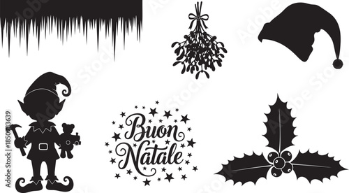 Festive christmas silhouettes vector set with elf, mistletoe, holly, icicles, and santa hat silhouette isolated on transparent background, Vector