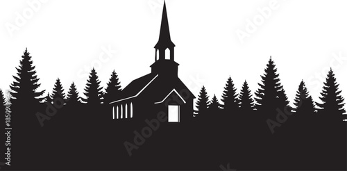 A striking silhouette of a rustic church building nestled among pine trees isolated on transparent background, Vector