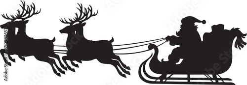 Santa claus in his sleigh pulled by two reindeer silhouette vector illustration isolated on transparent background, Vector