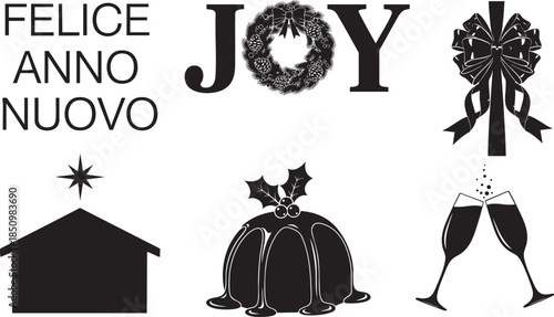 A collection of festive silhouettes for christmas and new year celebrations including greetings isolated on transparent background, Vector