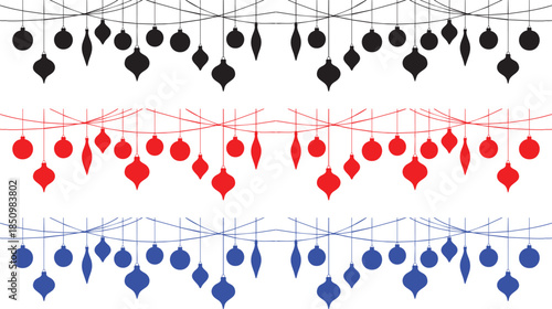 Three rows of hanging christmas ornaments in black, red, and blue colors isolated on transparent background, Vector