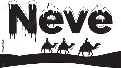 Stylized black and white illustration of 'neve' text with camels traveling through the desert isolated on transparent background, Vector