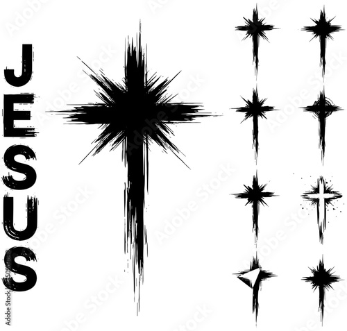 Black grunge brush stroke christian cross and Bethlehem star collection with Jesus text for religious Easter and Christmas design elements,