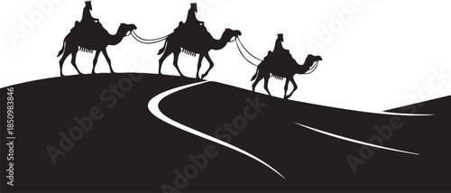 Minimalist black and white silhouette of the three wise men riding camels across desert dunes isolated on transparent background, Vector