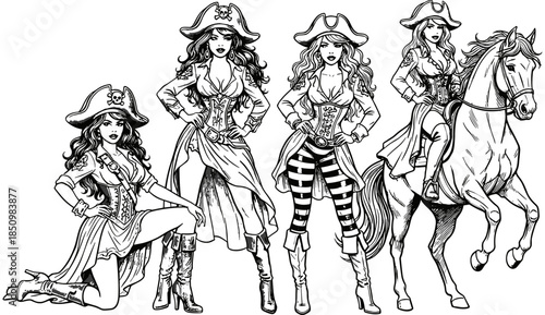 Vintage hand drawn sketch collection of beautiful pirate women wearing tricorn hats and corsets with one riding a majestic horse,