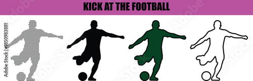 Football player kicking ball silhouette in minimalist line art and dotted vector style, black and white soccer action isolated on white background for sports, competition, and athletic design