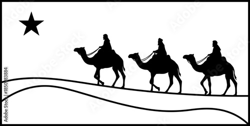 Black silhouette of the three wise men riding camels across desert dunes under a bright star for Christmas nativity scene,