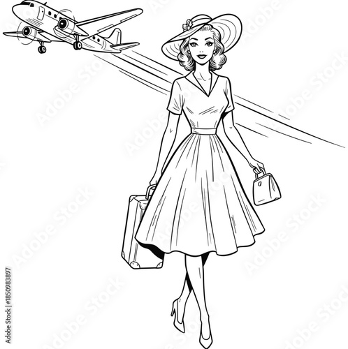 Vintage hand drawn line art of a stylish woman traveler in a sun hat with suitcases and an airplane flying,