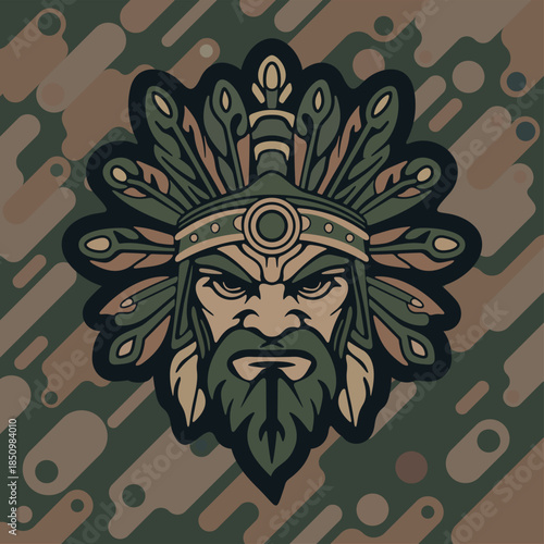 vector illustration of tribal warrior indian  mask decorated with green leaves and ethnic ornamental elements on a dark green camouflage background