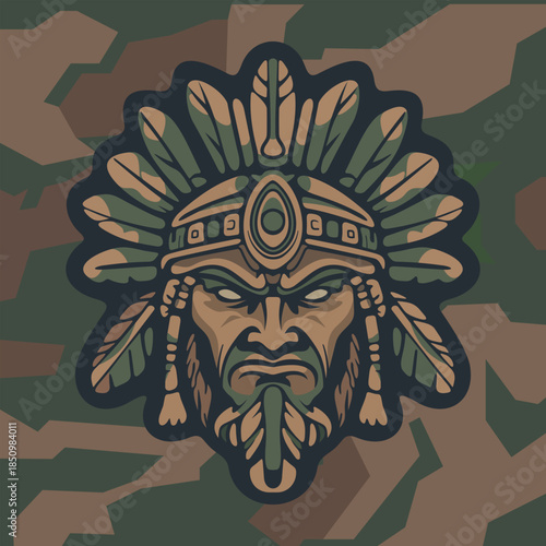vector illustration of tribal warrior indian  mask decorated with green leaves and ethnic ornamental elements on a dark green camouflage background