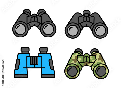 Binoculars icons set for optical outdoor equipment