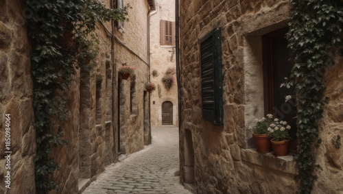 Charming Italian Alleyway - A Glimpse into Medieval Architecture and Serene Ambiance.