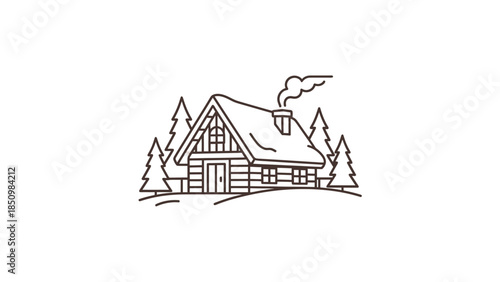 Cozy Winter Cabin in Snowy Landscape Illustration.