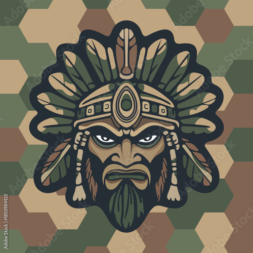 tribal mask warrior indian with stern face surrounded by stylized leaves and ornamental ethnic details on a dark stylize green camouflage background