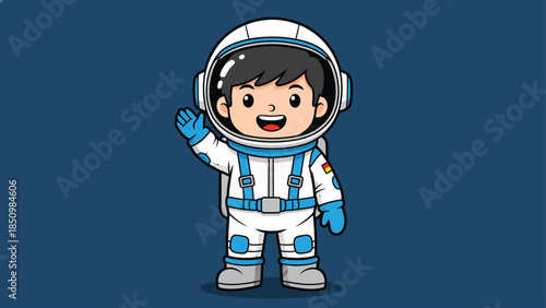Cute cartoon astronaut waving hello in space suit.