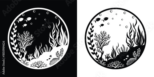 Monochrome underwater world scene with fish, coral, and seaweed in a circular frame, creating a captivating and minimalist design, isolated on white background