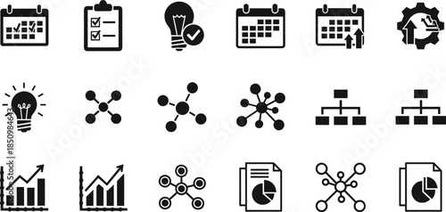 business planning icons, analytics charts workflow diagrams, calendar schedule tasks, network connections organization structure, data report symbols for productivity