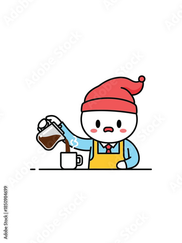 Cute cartoon barista character pouring coffee into a cup.