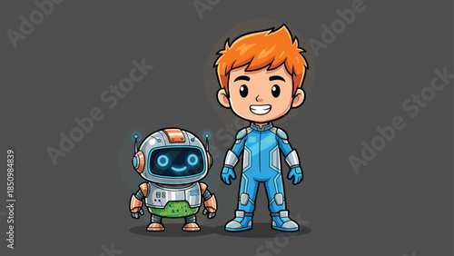 Cute cartoon boy and robot standing together friendly.