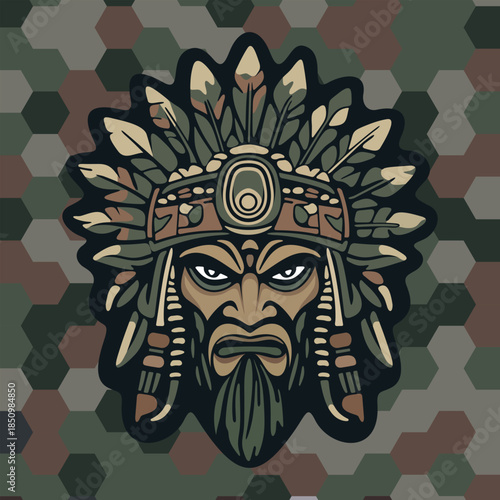 tribal mask warrior indian with stern face surrounded by stylized leaves and ornamental ethnic details on a dark stylized camouflage background
