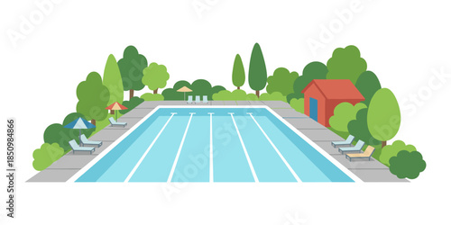 Outdoor swimming pool with sun loungers and green trees