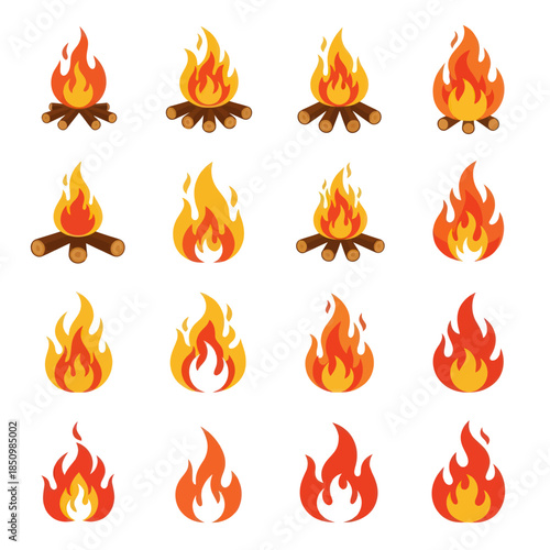 Collection of Cartoon Fire Illustrations on White Background.