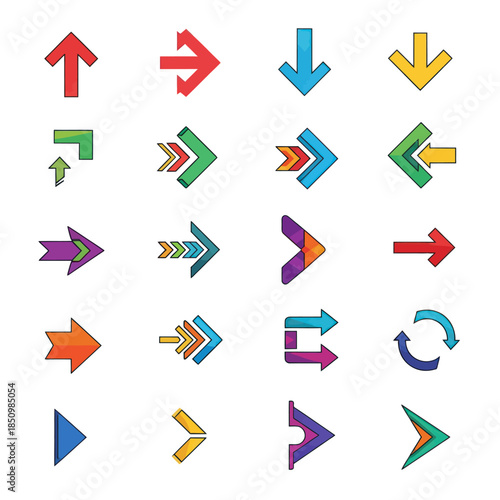 Collection of Colorful Arrow Icons Pointing in Various Directions.