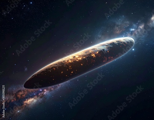 A long, rod-shaped interstellar object drifting in the pitch-black darkness of space