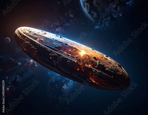 A long, rod-shaped interstellar object drifting in the pitch-black darkness of space