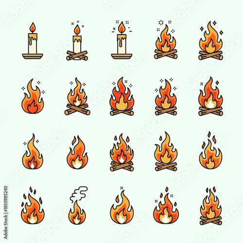 Collection of Fire and Candle Icons in Cartoon Style.