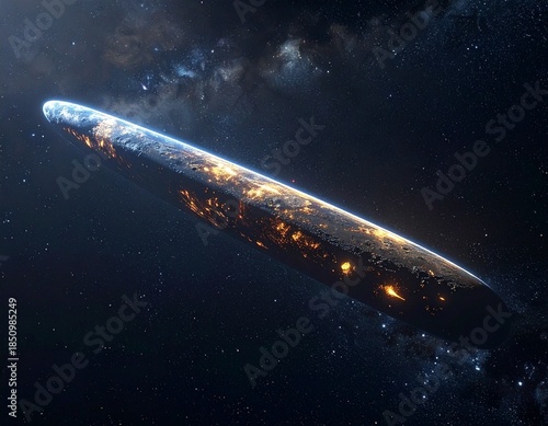 A long, rod-shaped interstellar object drifting in the pitch-black darkness of space