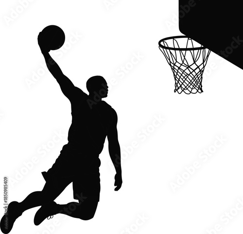 Black silhouette basketball player jumping slam dunk vector illustration sport man hoop net game design graphic element isolated on white