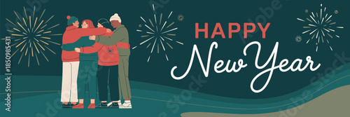 Happy new year celebration with friends and people group, modern web banner design concept showing joy and togetherness,