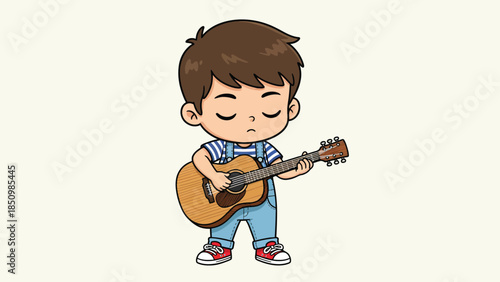Cute cartoon boy playing acoustic guitar with eyes closed.