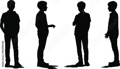 Black silhouette boy set standing talking casual pose vector illustration kid children school age graphic element isolated on white background