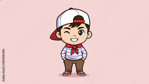 Cute cartoon boy wearing a baseball cap and bandana.