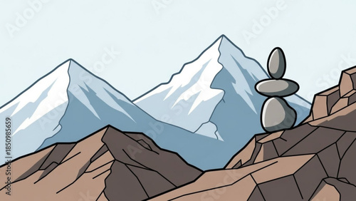 Detailed illustration of rugged snow capped mountain range landscape in black and white with stippling technique