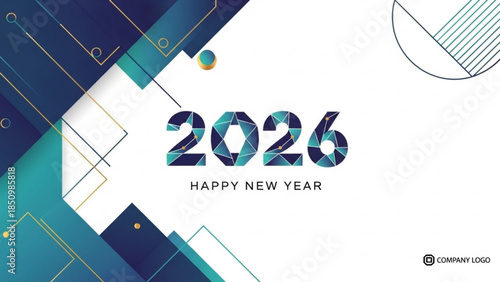 Happy New Year 2026 abstract geometric background with blue and teal gradient shapes modern design for celebration and corporate events