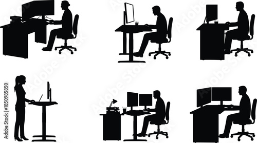 Office employees working at desks and standing stations using computer monitors in modern workspace shown as clean silhouette style, cad drawing flat vector illustration